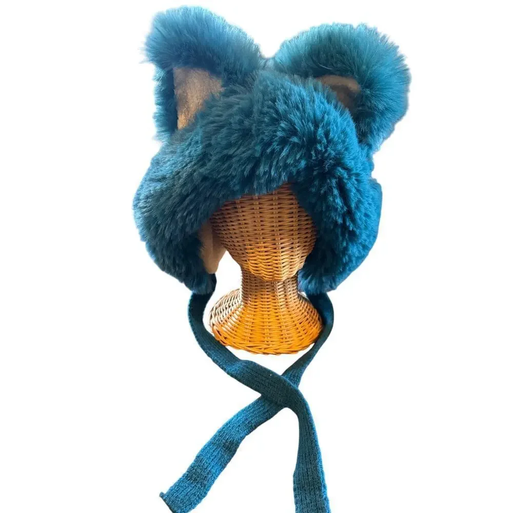 Teal Faux Fur Animal Ear Winter Hat with Chin Ties – Plush Cozy Cold Weather Cap - Picture 1 of 8